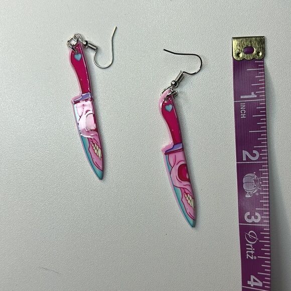 Pink Skull Print Butcher Dangling Earrings - Picture 6 of 10